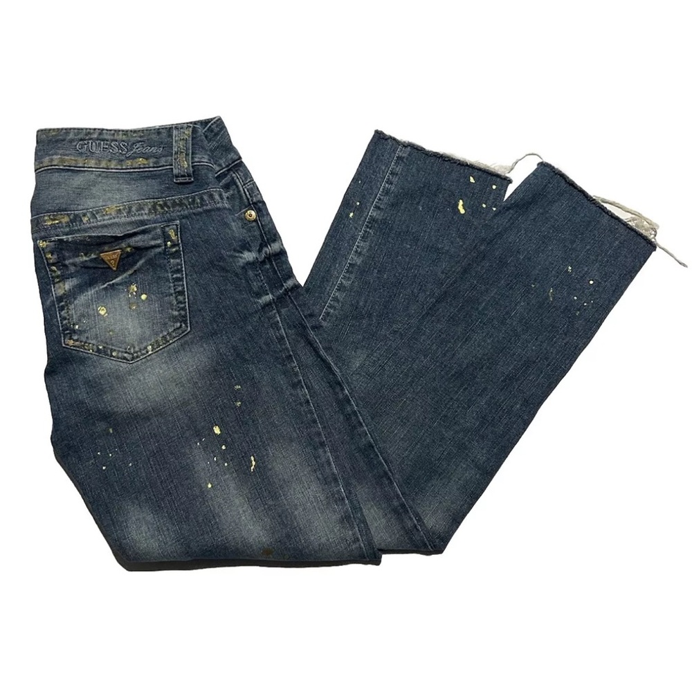 Women’s Guess Jeans Size 27 Daredevil Skinny Leg Gold Splatter Distressed Denim